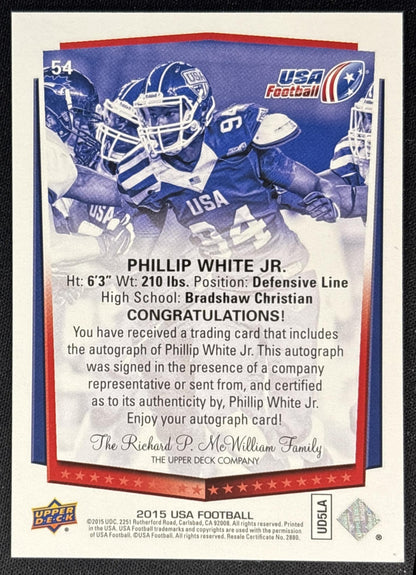 Phillip White Jr. 2015 Upper Deck USA Football Auto back