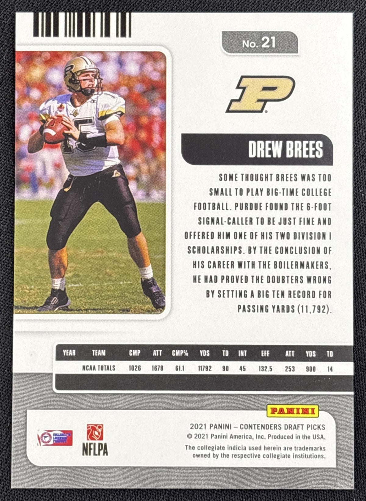 Drew Brees 2021 Panini Contenders Draft Picks Red Cracked Ice /23 Boilermakers - back