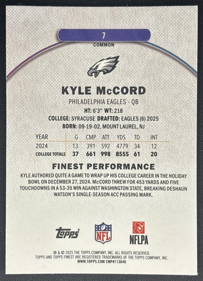 Kyle McCord 2025 Topps Finest Blue Refractor /200 Eagles back