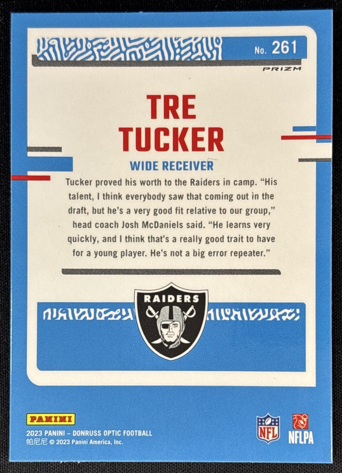 Tre Tucker 2023 Panini Donruss Optic Blue Hyper Prizm Raiders