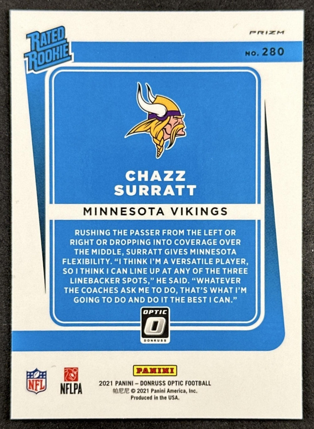 Chazz Surratt 2021 Panini Donruss Optic Bronze Vikings Back