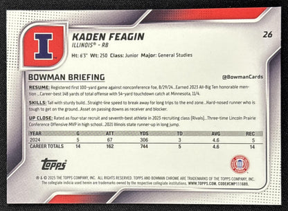 Kaden Feagin 2025 Bowman Chrome University Prospects Lime Green Mini-Diamond Refractor /275 Fighting Illini