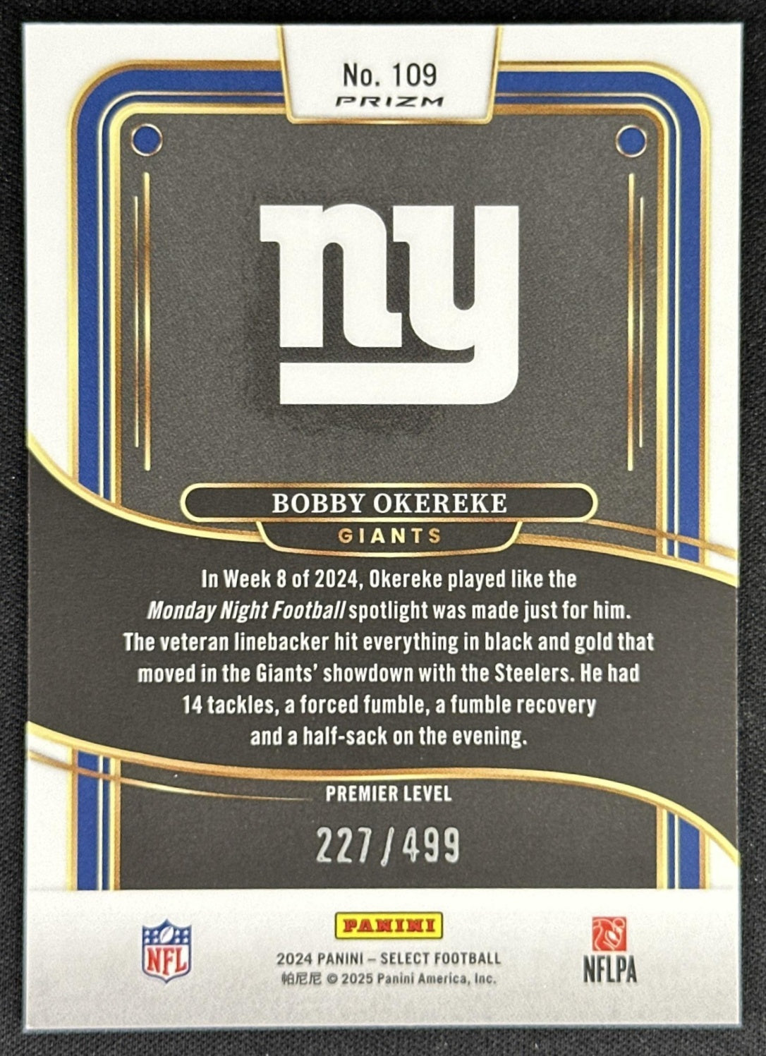 Bobby Okereke 2024 Panini Select Premier Neon Green Prizm Shock /499 Giants
