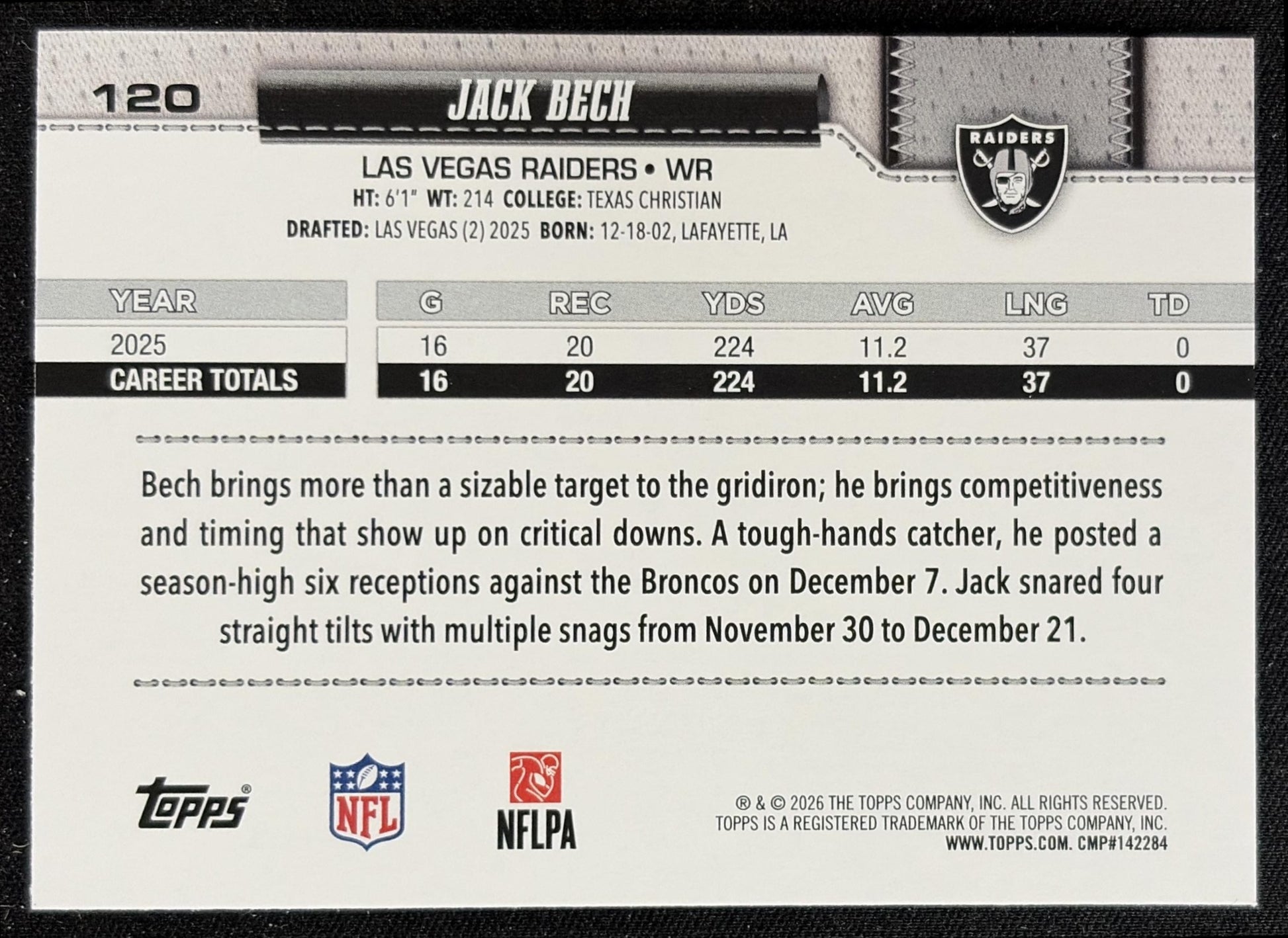 Jack Bech 2026 Topps Rainbow Foil Raiders back