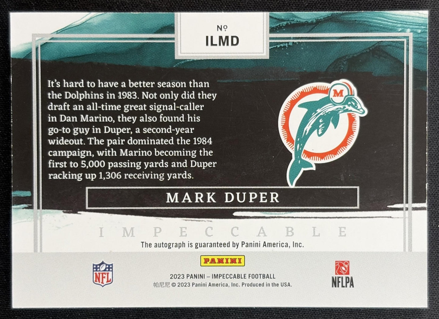 Mark Duper 2023 Panini Impeccable Logo Auto /99 Dolphins back