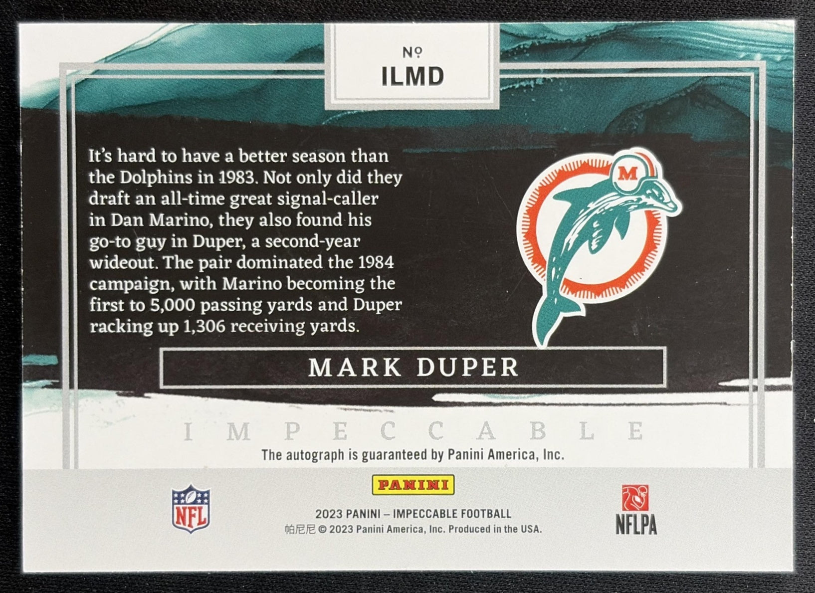 Mark Duper 2023 Panini Impeccable Logo Auto /99 Dolphins back