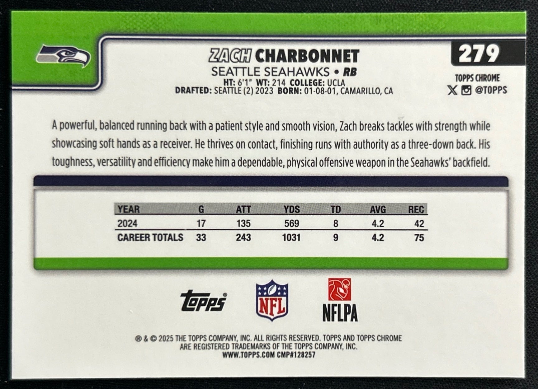 Zach Charbonnet 2025 Topps Chrome Seahawks Sports Trading Cards