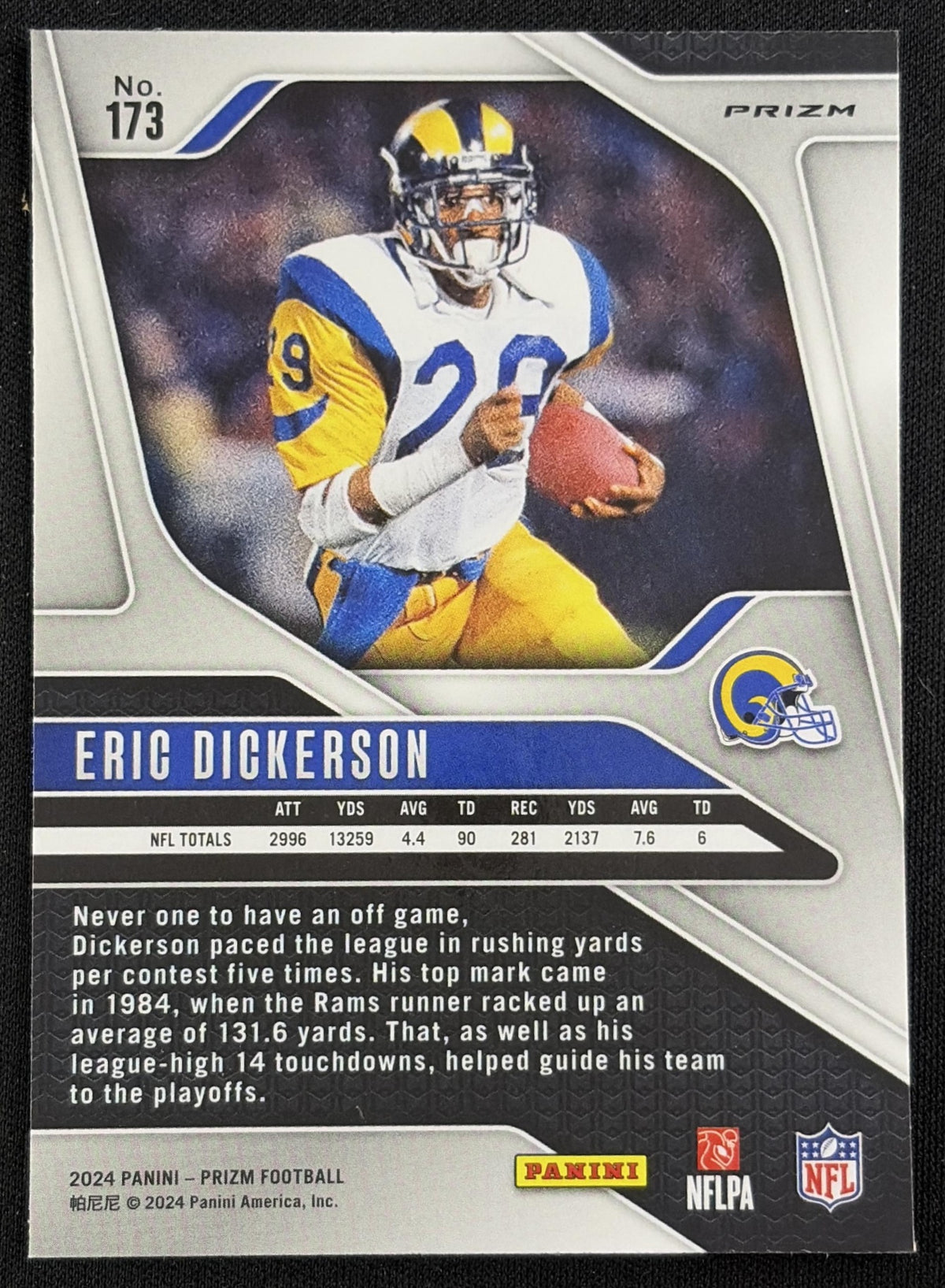 Back of Eric Dickerson 2024 Panini Prizm Green Wave Prizm Rams sports trading card