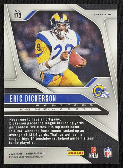 Back of Eric Dickerson 2024 Panini Prizm Green Wave Prizm Rams sports trading card