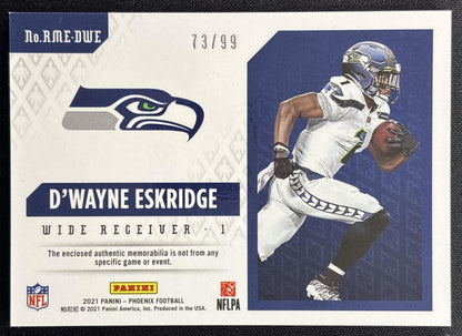 D Wayne Eskridge 2021 Panini Phoenix Rookie Memorabilia Purple /99 Seahawks Sports Trading Card