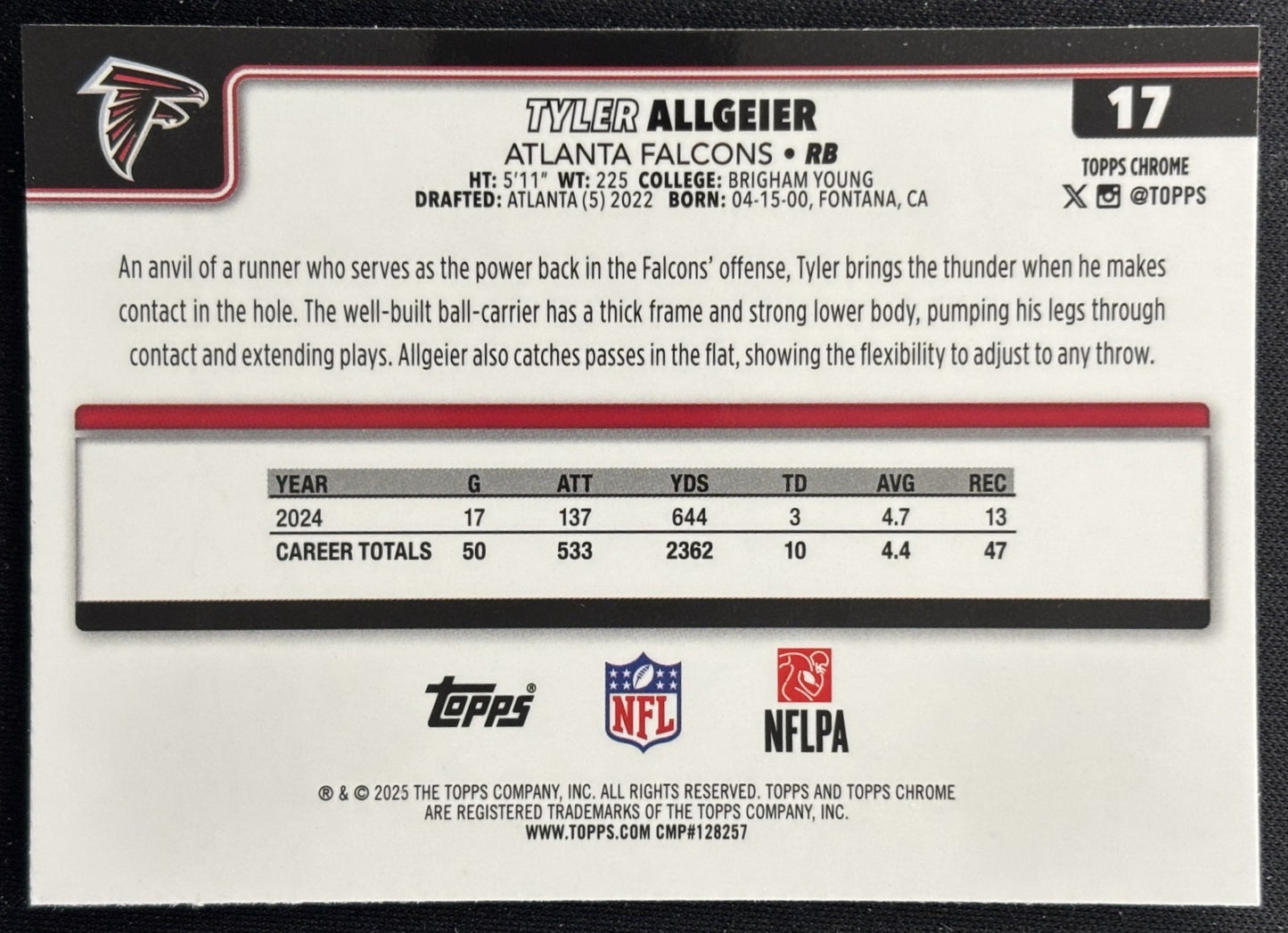 Tyler Allgeier 2025 Topps Chrome RayWave Refractor Falcons Sports Trading Cards