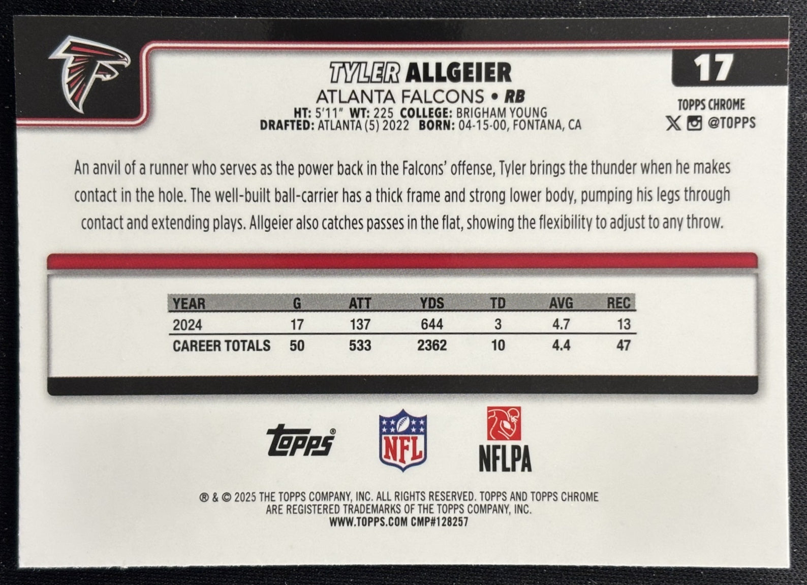 Tyler Allgeier 2025 Topps Chrome RayWave Refractor Falcons Sports Trading Cards