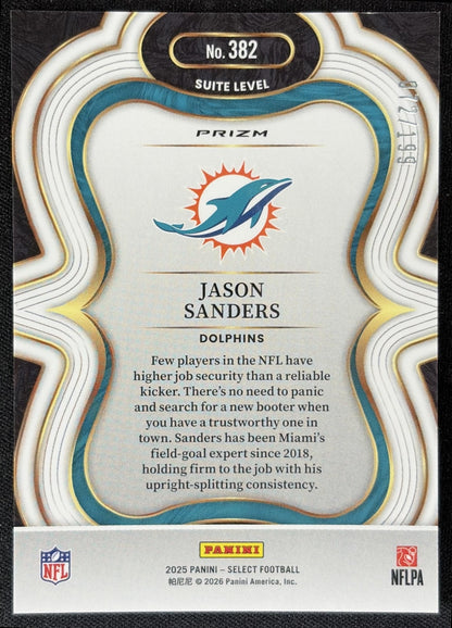 Jason Sanders 2025 Panini Select Suite Level Tri-Color Prizm /199 Dolphins back