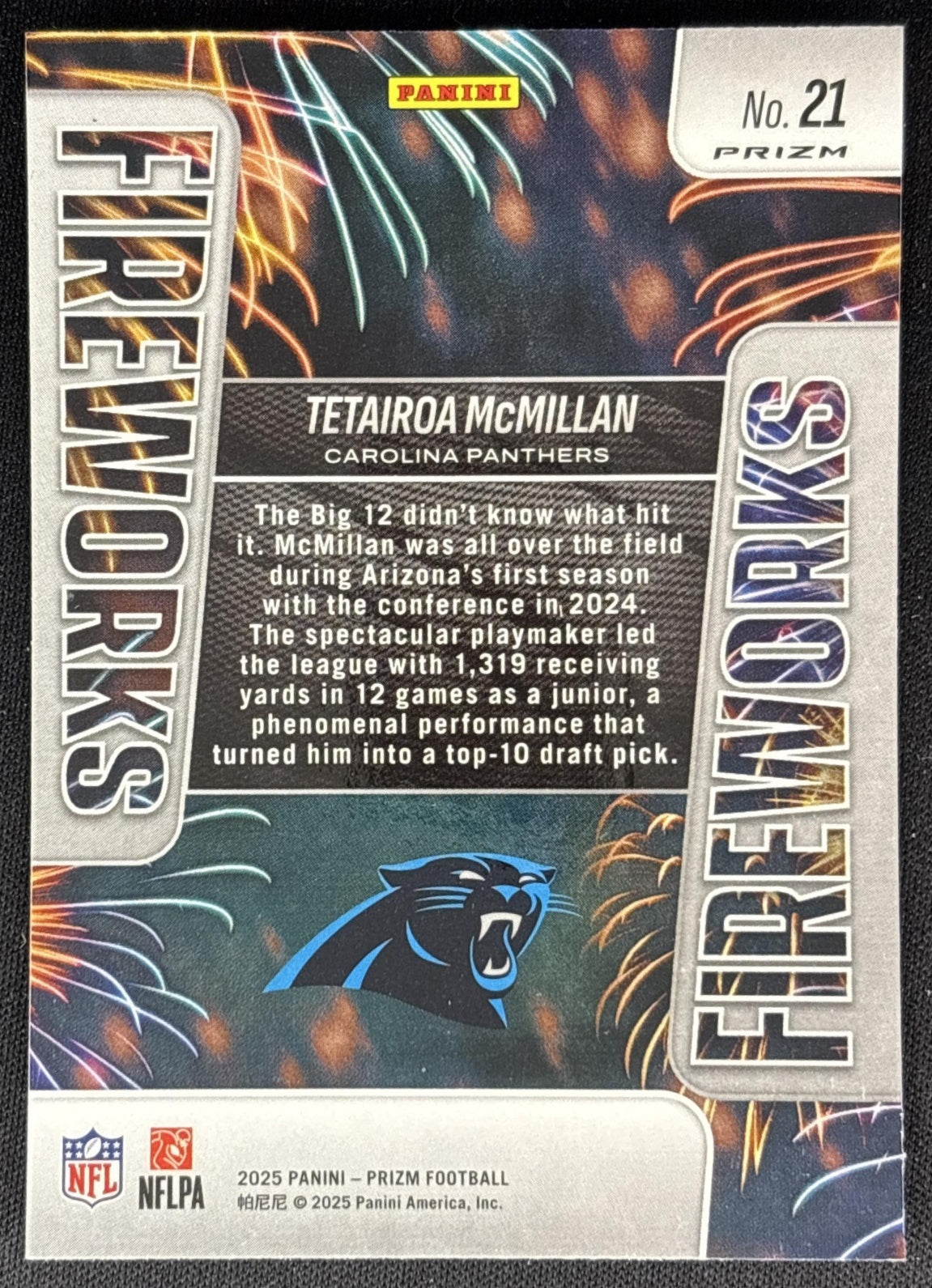 Tetairoa McMillan 2025 Panini Prizm Fireworks Green Panthers Sports Trading Cards