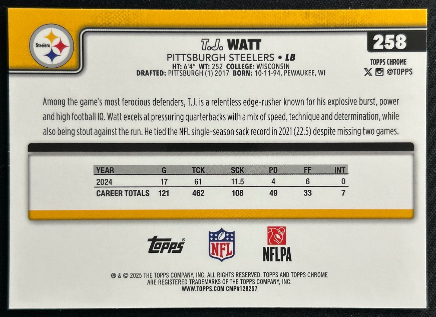 T.J. Watt 2025 Topps Chrome Steelers Sports Trading Cards