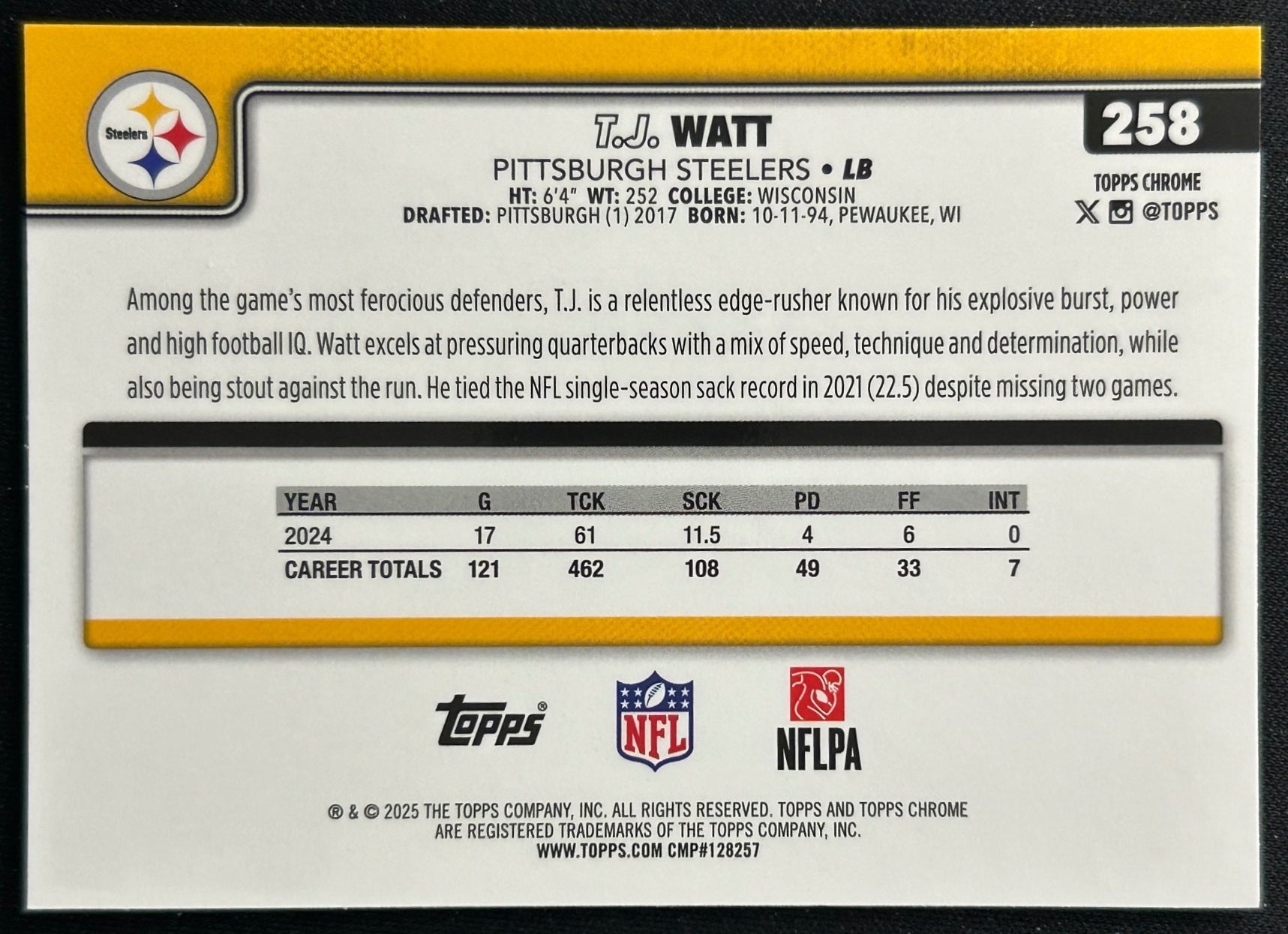 T.J. Watt 2025 Topps Chrome Steelers Sports Trading Cards