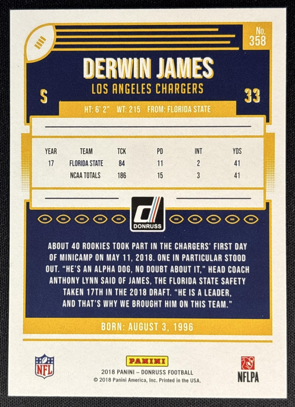 Derwin James 2018 Panini Donruss Chargers back