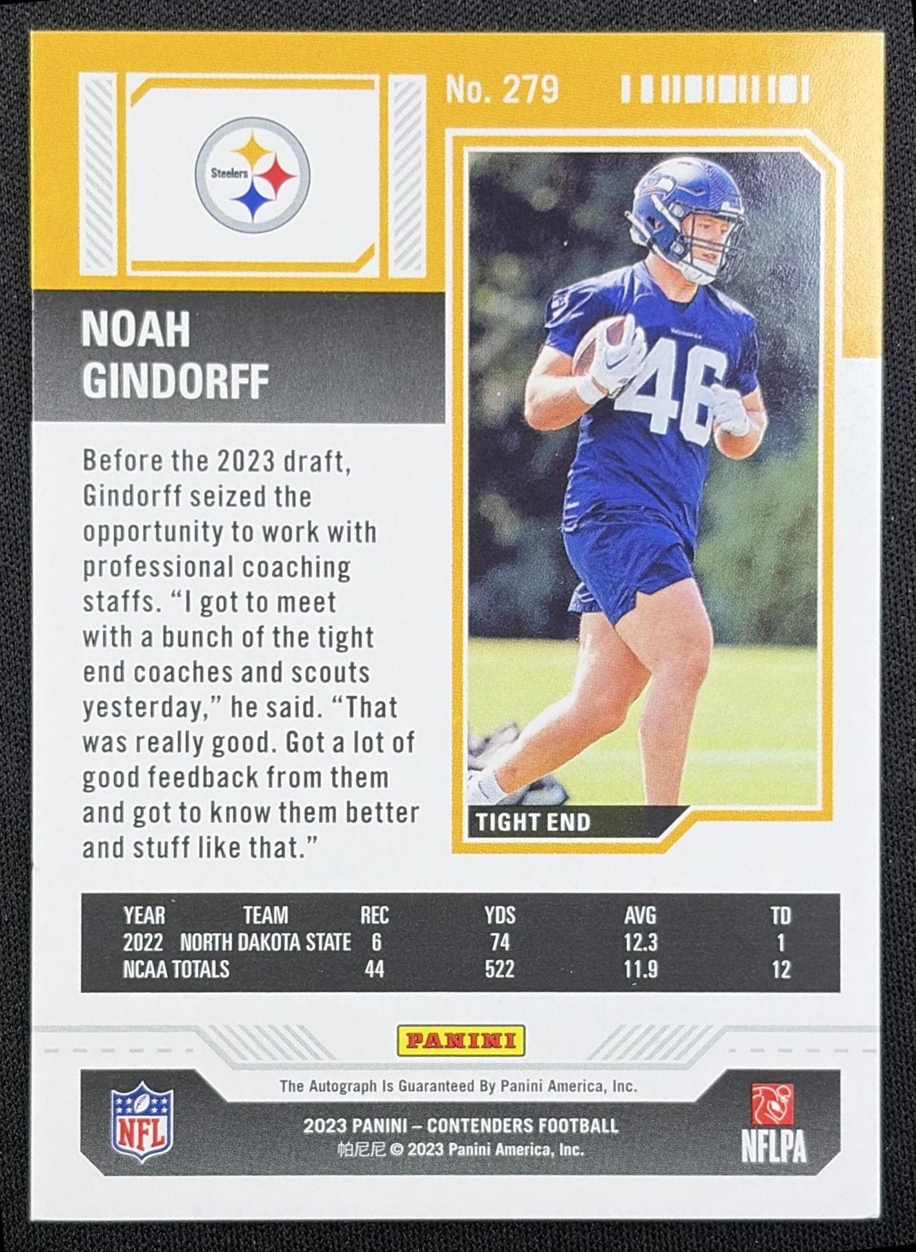 Noah Gindorff 2023 Panini Contenders Rookie Ticket Auto Steelers
