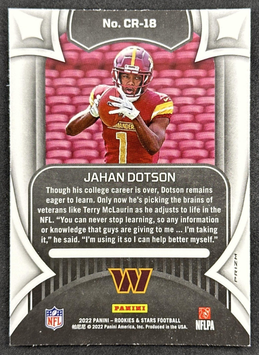 Jahan Dotson 2022 Panini Rookies & Stars Crusade Silver Commanders back