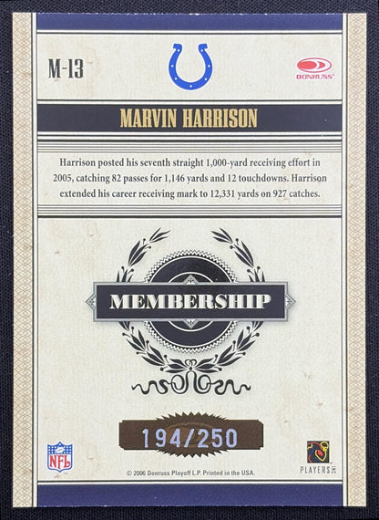 Marvin Harrison 2006 Donruss Classics Membership VIP Jerseys /250 Colts Indianapolis Colts back