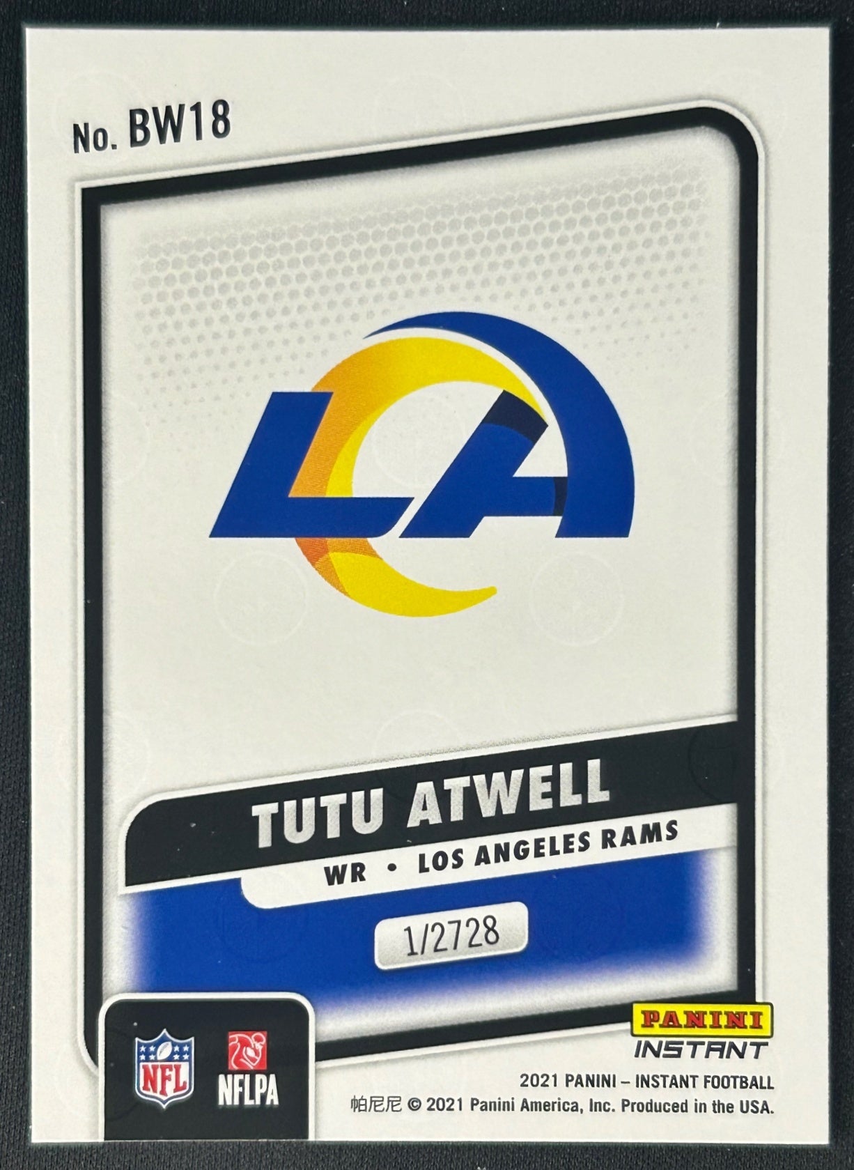 Tutu Atwell 2021 Instant Black and White Rookies Rams Sports Trading Card