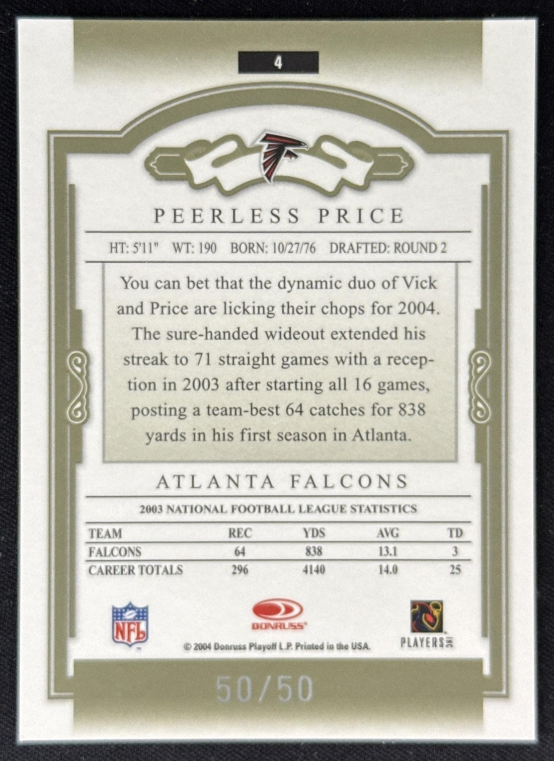 Peerless Price 2004 Donruss Classics Timeless Tributes Green /50 Falcons Sports Trading Card