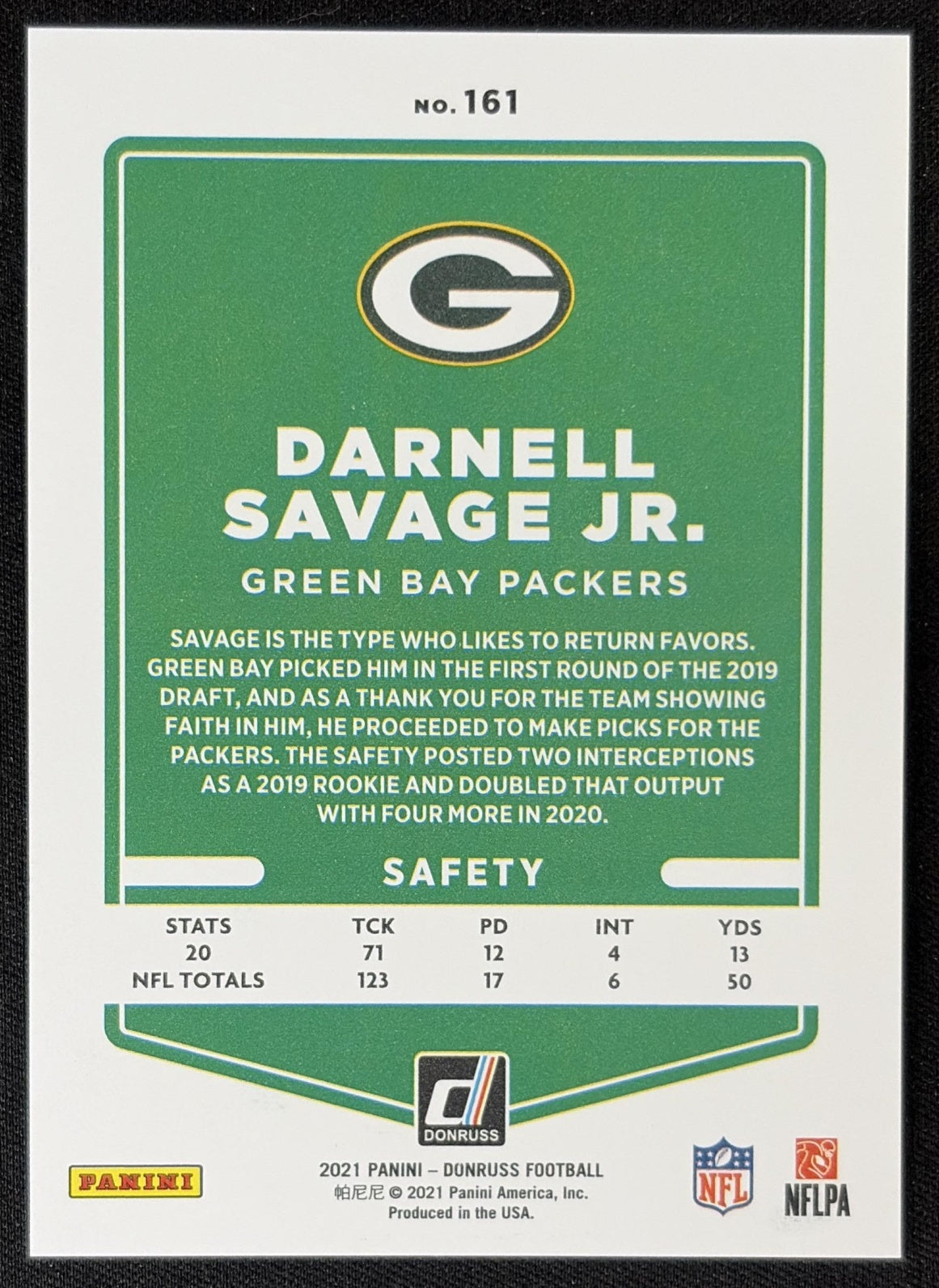 Darnell Savage Jr. 2021 Panini Donruss Press Proof Premium Packers Sports Trading Card