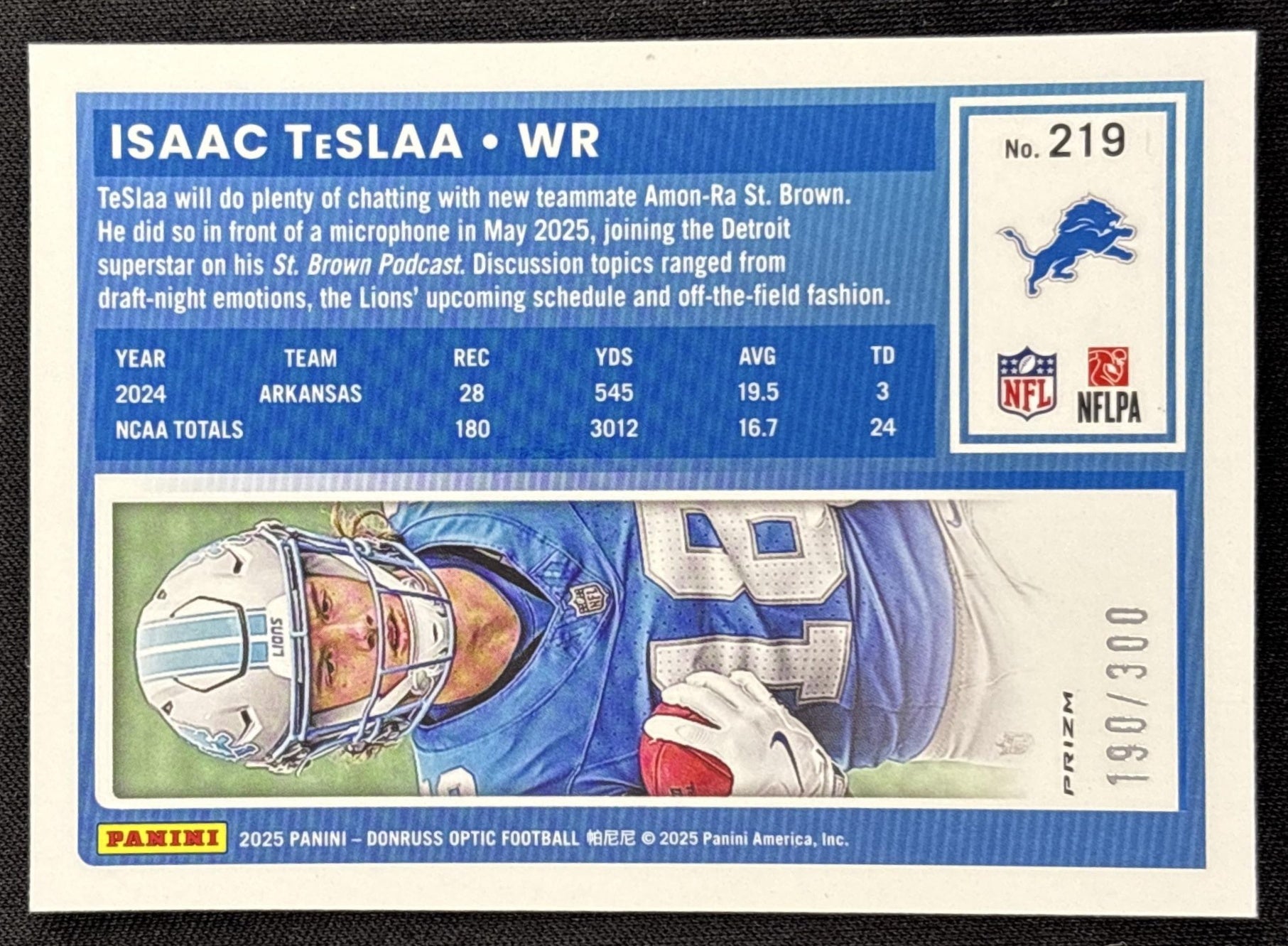 Isaac TeSlaa 2025 Panini Donruss Optic Rated Rookie Wave Prizm /300 Lions - back