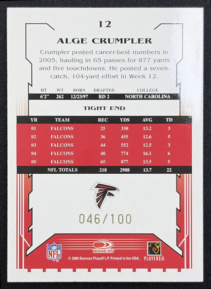 Alge Crumpler 2004 Playoff Prime Signatures Signature Proofs Silver /100 Falcons