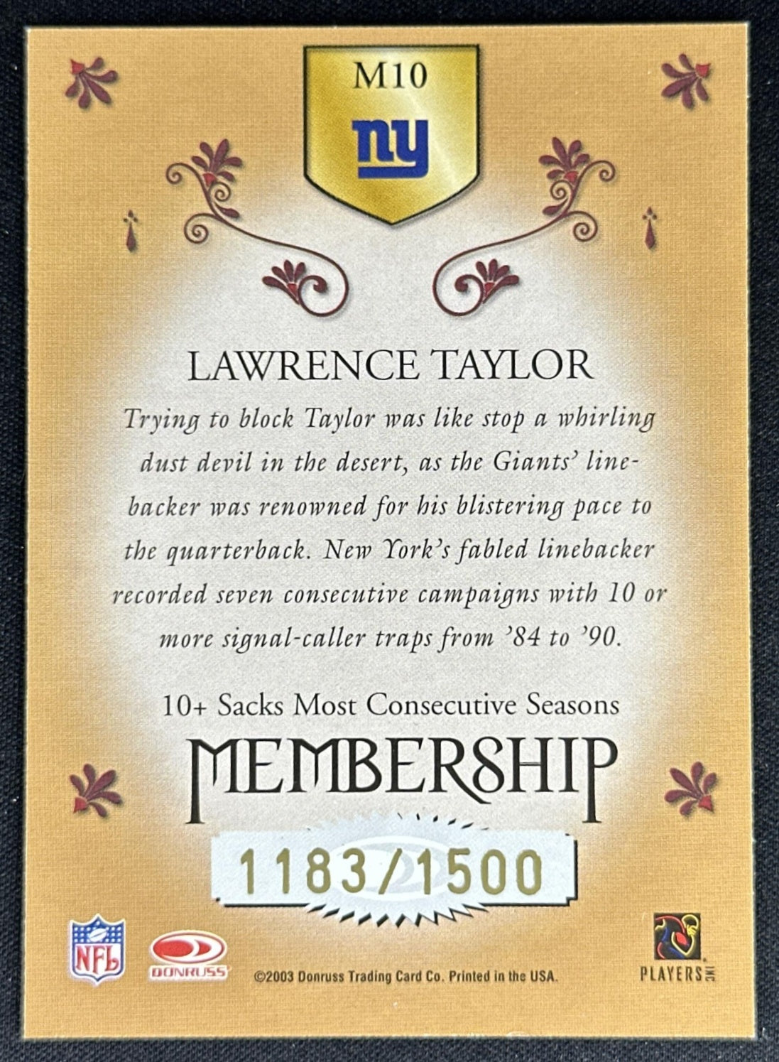 Lawrence Taylor 2003 Donruss Classics Membership /1500 Giants
