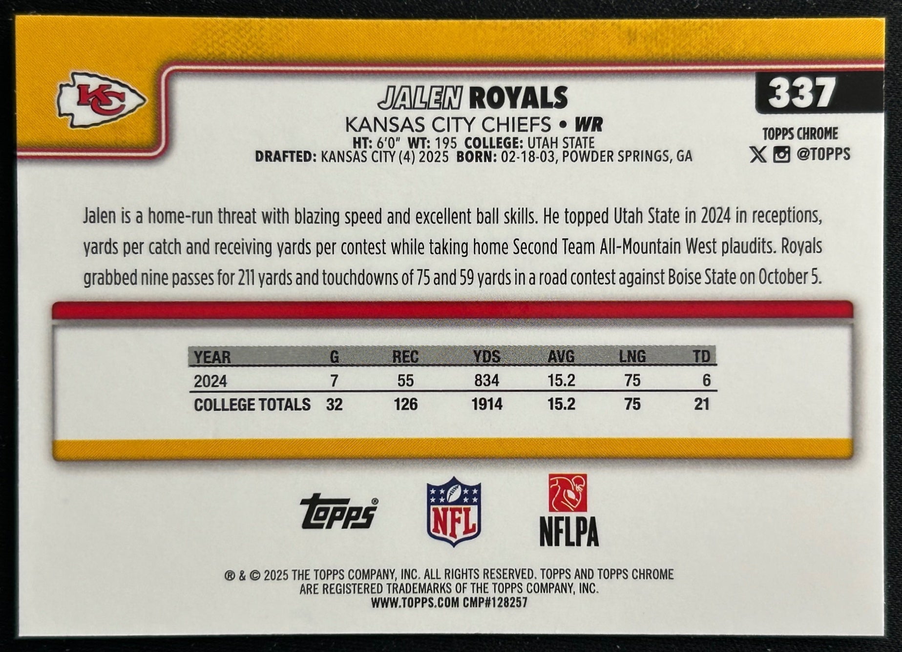 Jalen Royals 2025 Topps Chrome Rookie Chiefs Sports Trading Cards