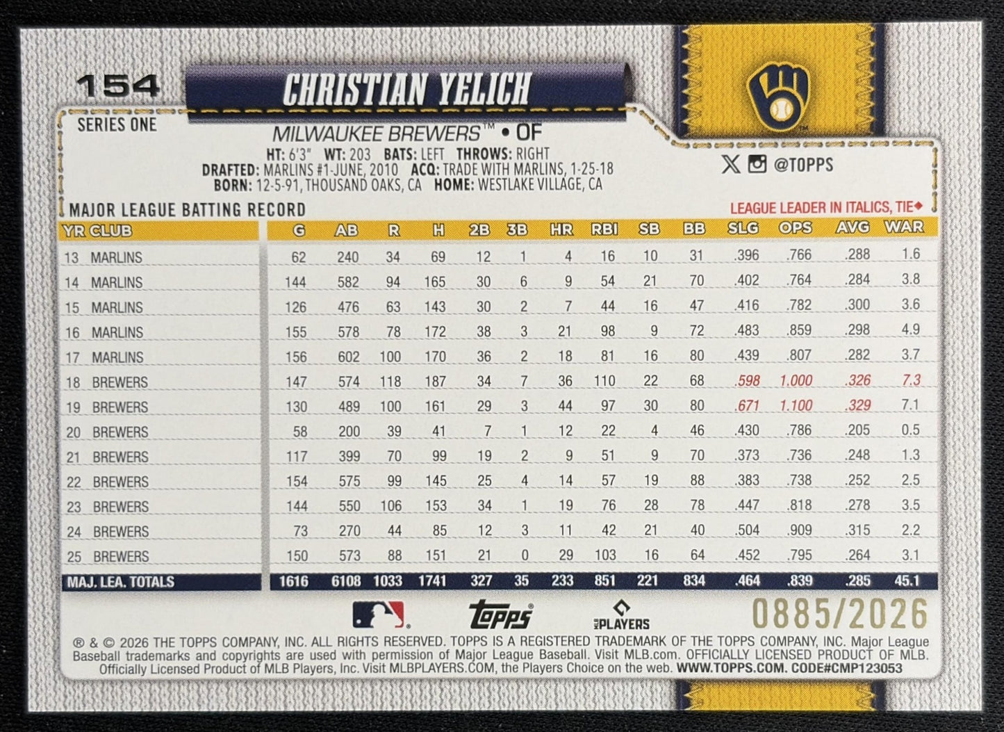 Christian Yelich 2026 Topps Series 1 Gold /2026 Brewers back