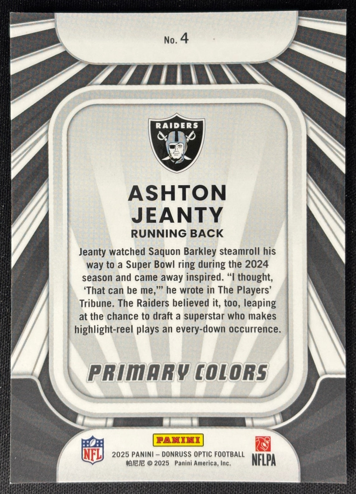 Ashton Jeanty Optic Primary Colors Rookie Raiders Sports Trading Card