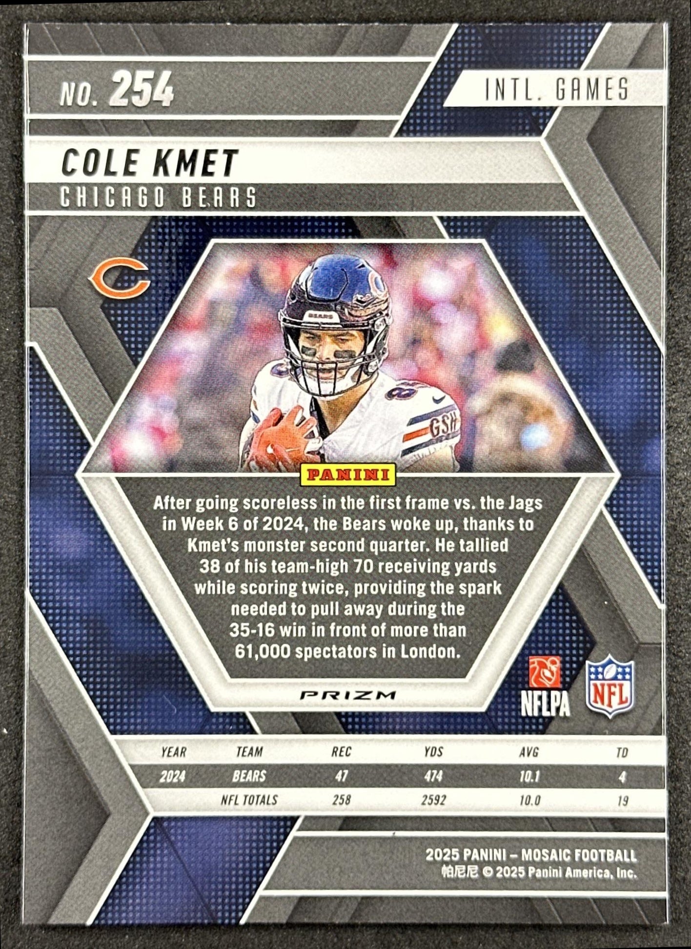 Cole Kmet 2025 Panini Mosaic International Games Reactive Purple Bears