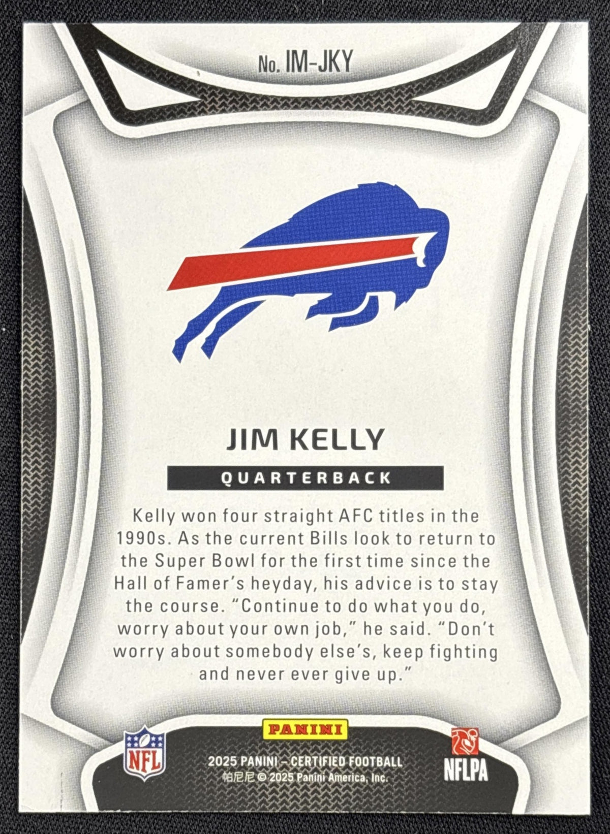 Jim Kelly 2025 Panini Certified Immortals Mirror Purple /299 Bills