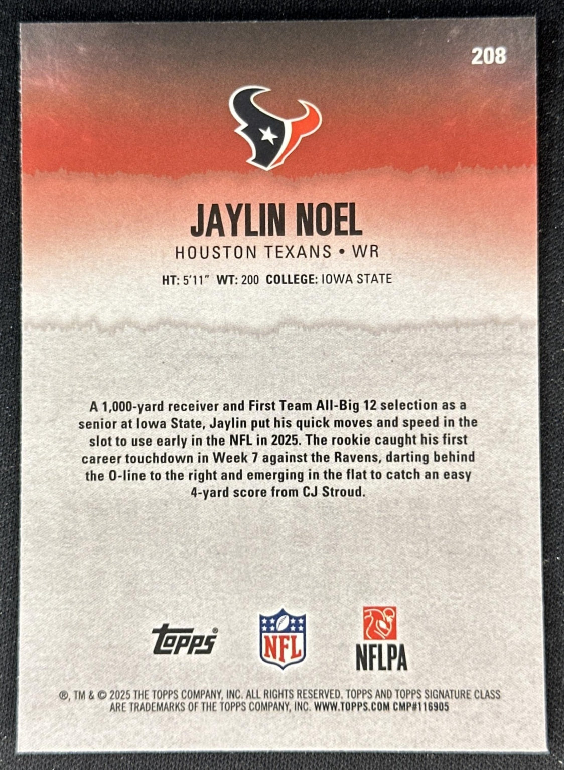 Jaylin Noel 2025 Topps Signature Class Chrome Rookie Texans back