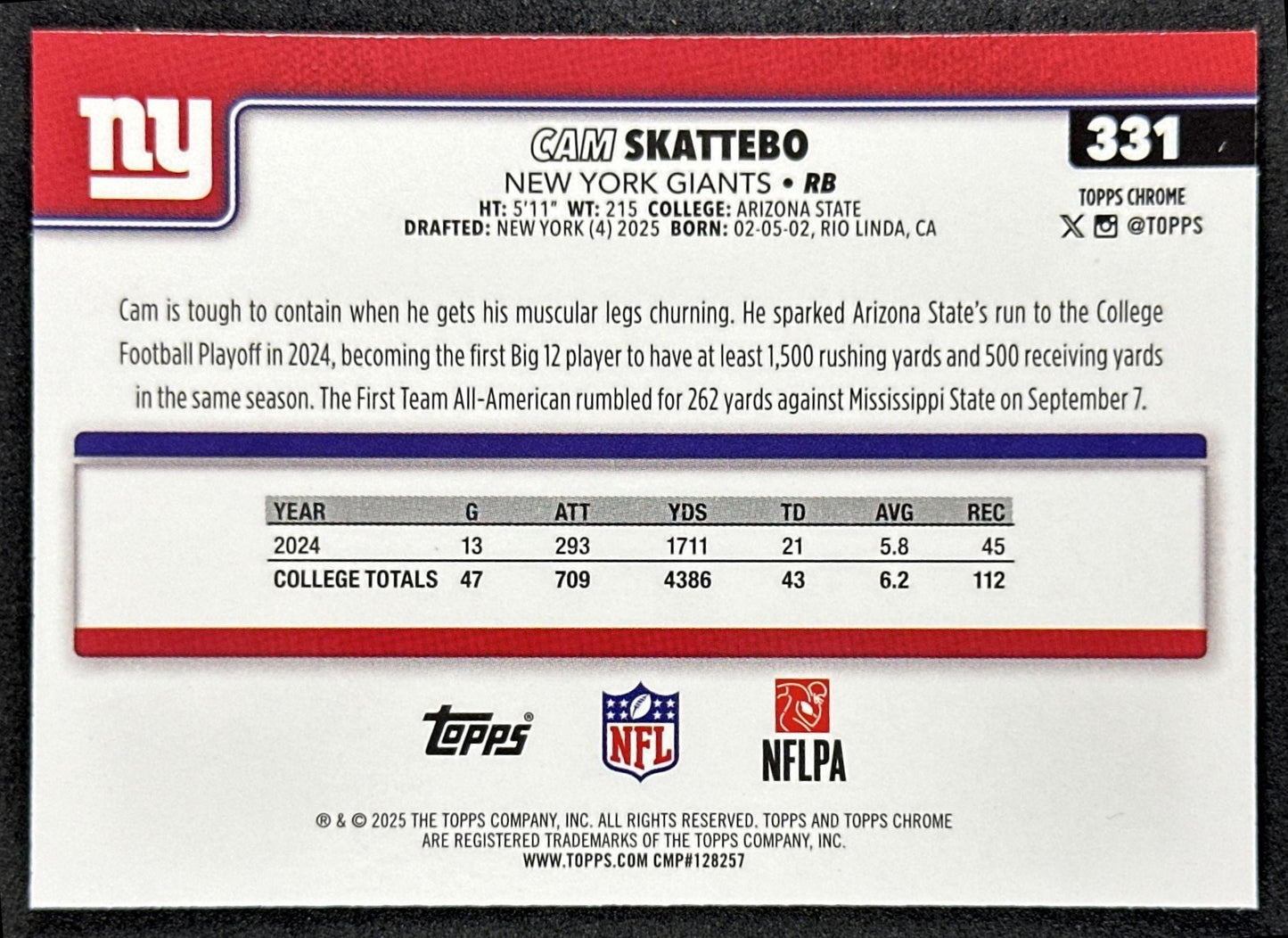 Cam Skattebo 2025 Topps Chrome Rookie Prism Refractor Giants