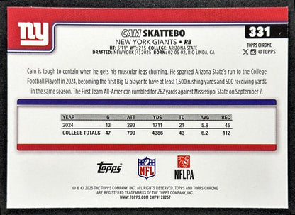 Cam Skattebo 2025 Topps Chrome Rookie Prism Refractor Giants