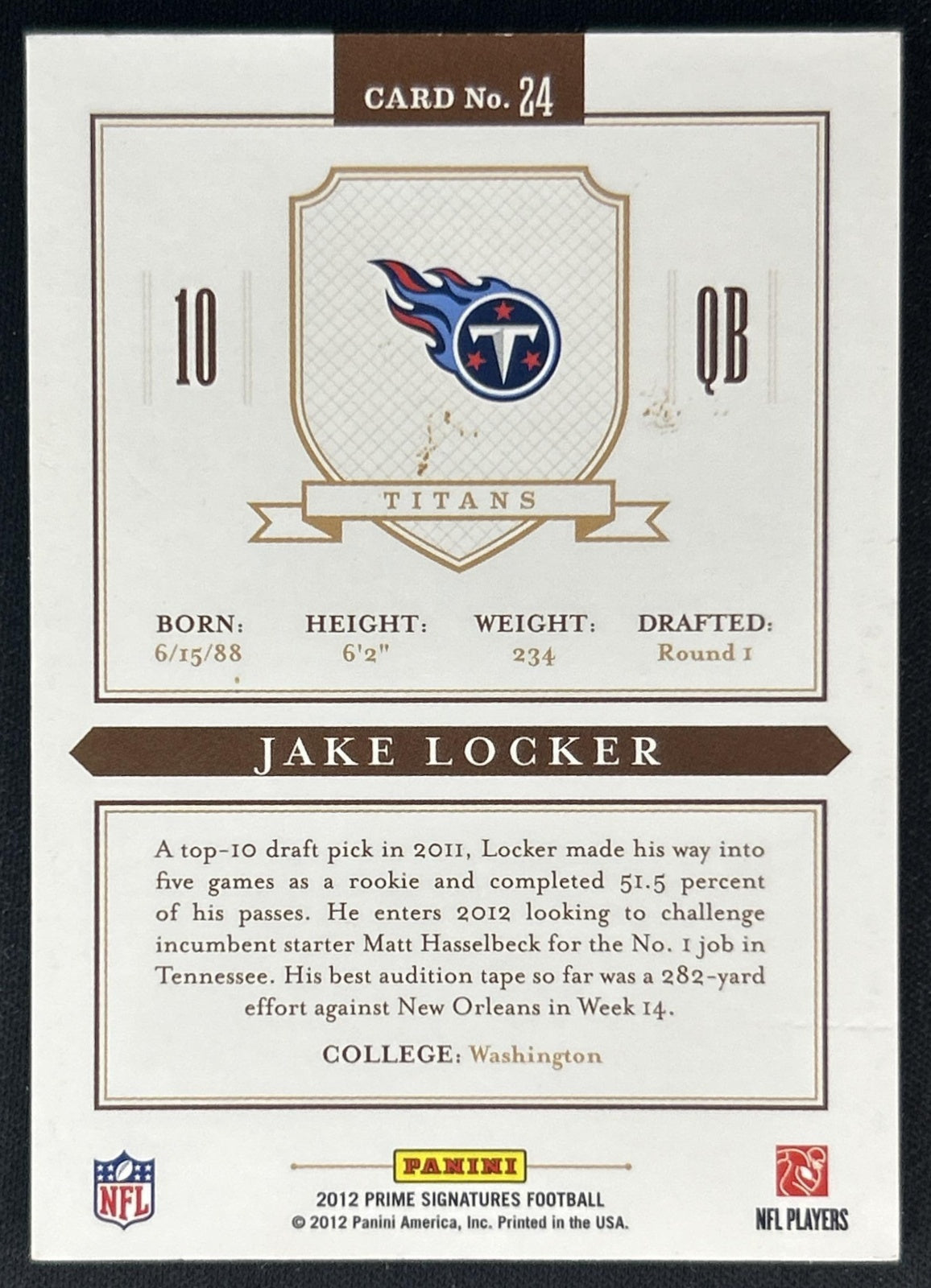 Jake Locker 2012 Panini Prime Signatures /499 Titans back