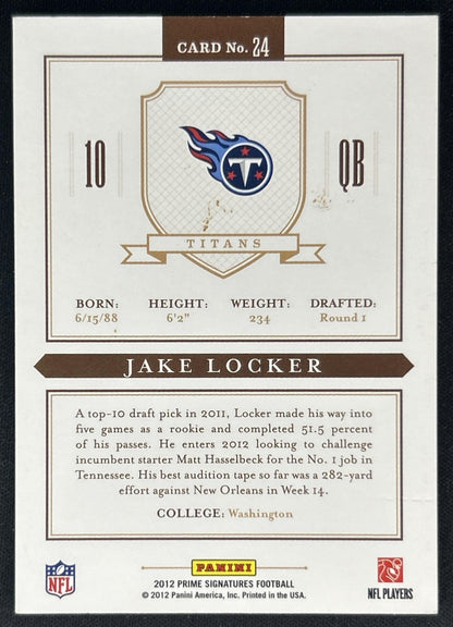 Jake Locker 2012 Panini Prime Signatures /499 Titans back