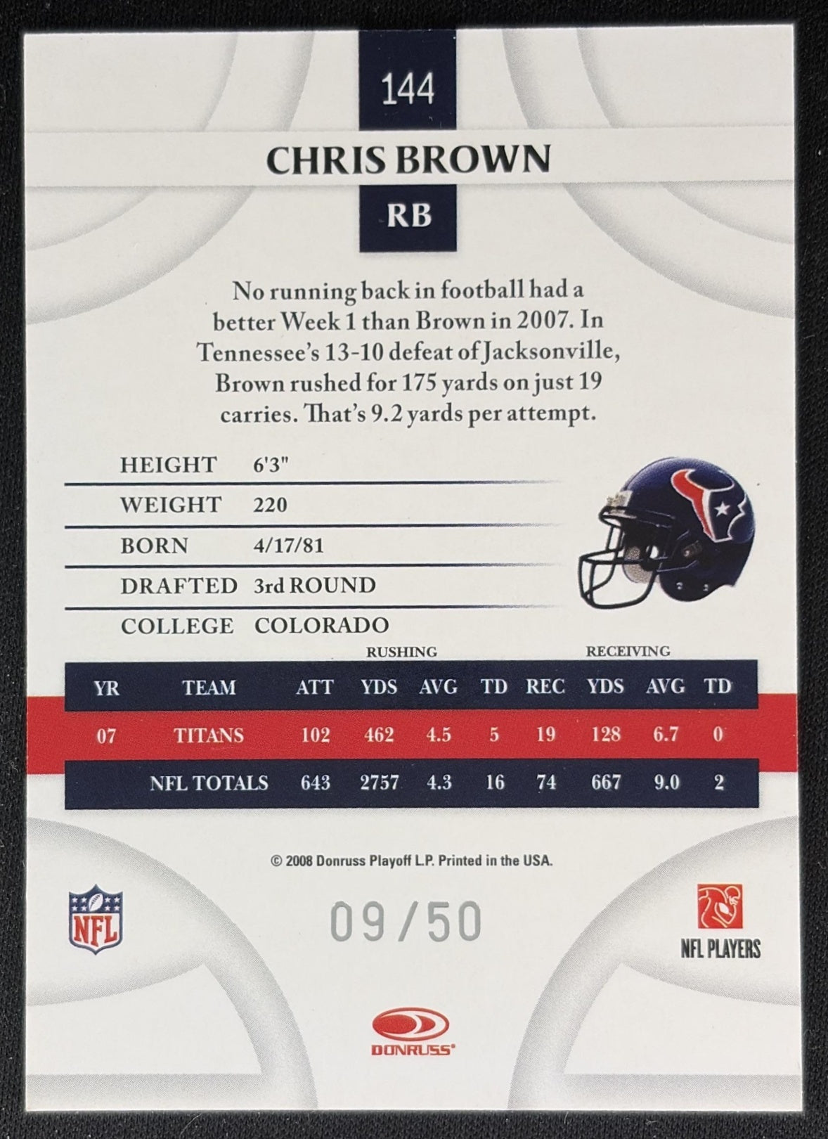 Chris Brown 2008 Donruss Threads Gold Holofoil /50 Texans