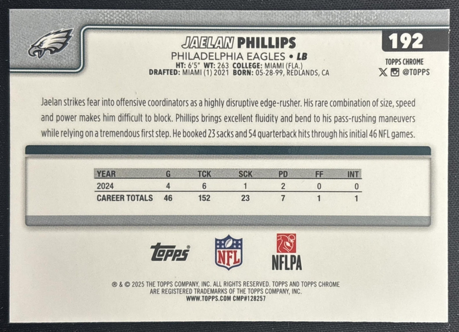 Jaelan Phillips 2025 Topps Chrome Purple Wave Refractor /75 Eagles back