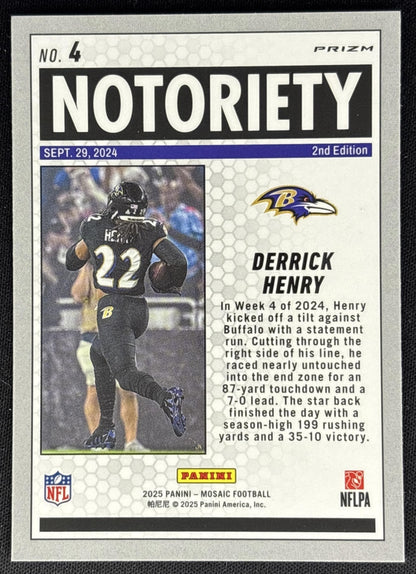 Derrick Henry 2025 Panini Mosaic Notoriety Orange Fluorescent Prizm Ravens back