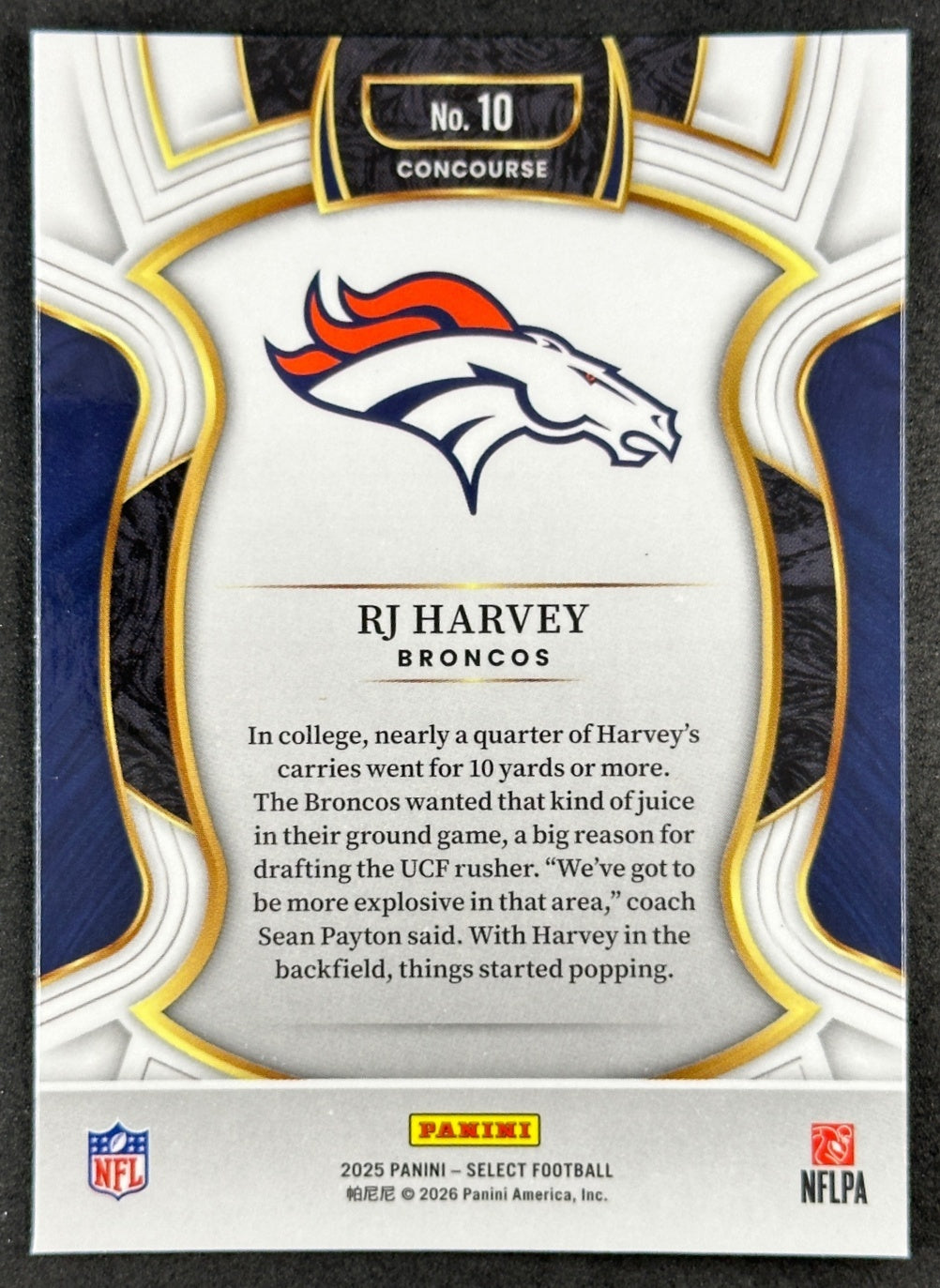 RJ Harvey 2025 Select Concourse Broncos Football Card