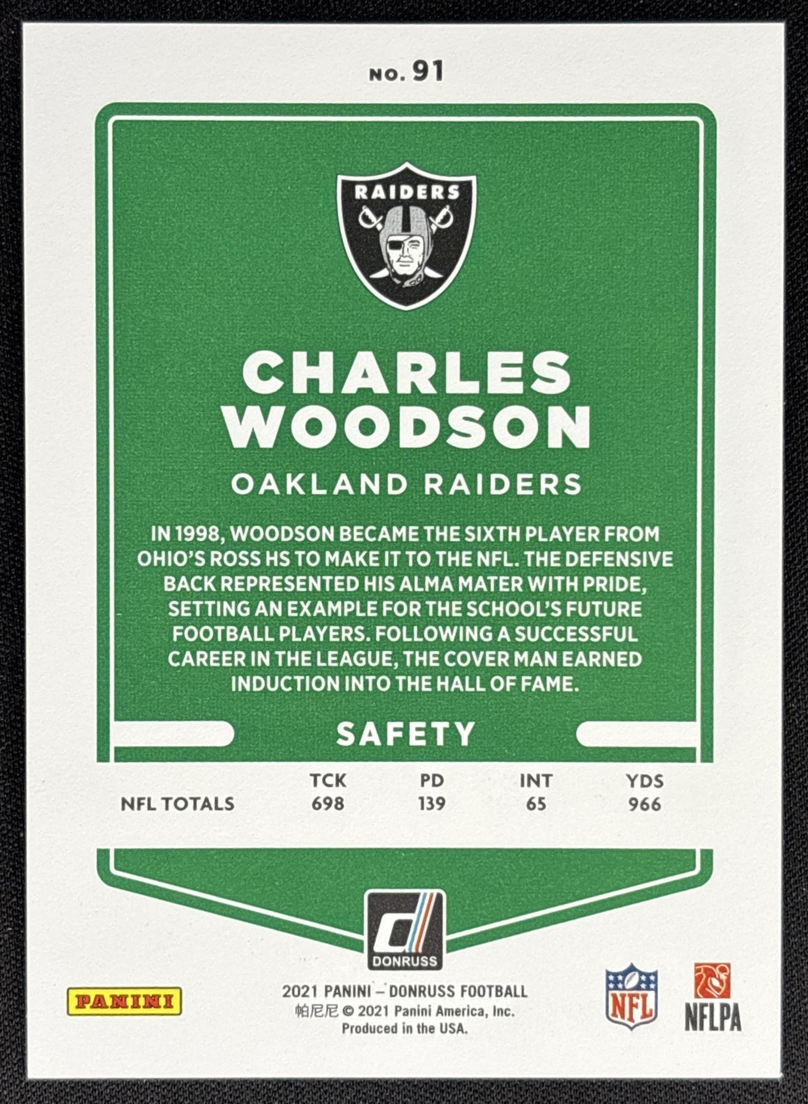 Charles Woodson 2021 Panini Donruss Press Proof Premium Raiders