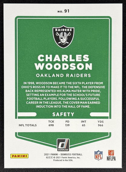 Charles Woodson 2021 Panini Donruss Press Proof Premium Raiders