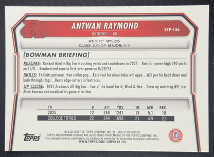 Antwan Raymond 2026 Bowman Chrome Prospects Mojo Refractor Scarlet Knights