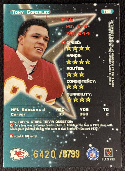 Tony Gonzalez 1998 Topps Stars /8799 Chiefs back