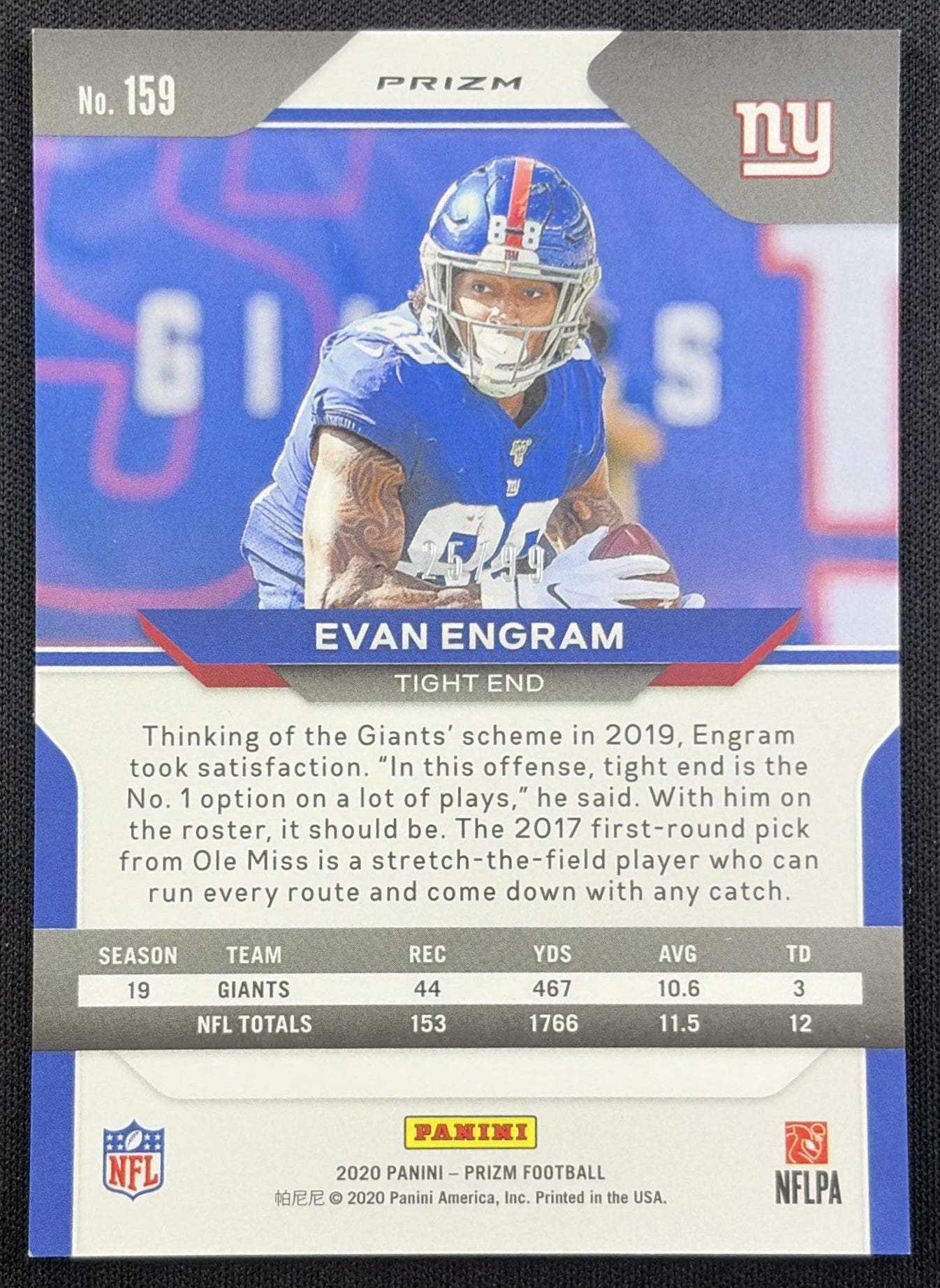 Evan Engram 2020 Panini Prizm Blue Ice /99 Giants back