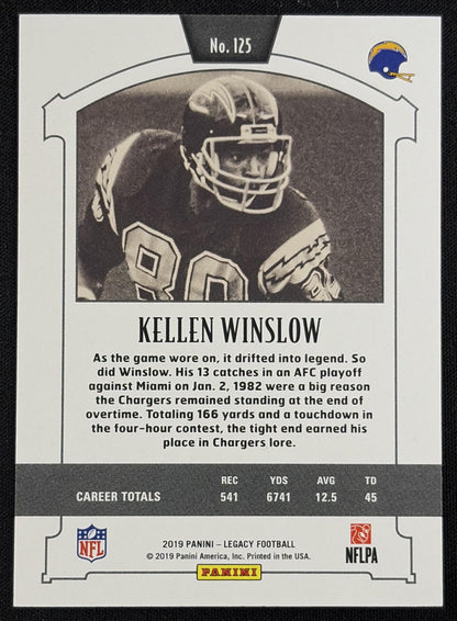 Back of Kellen Winslow 2019 Panini Legacy Red /299 Chargers sports trading card